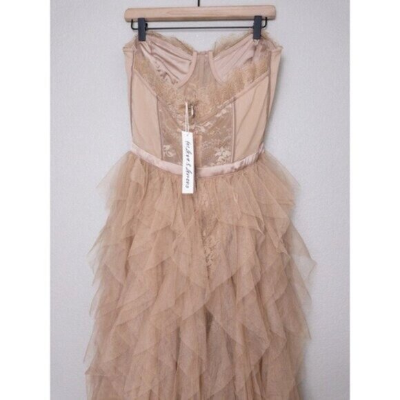 NWT For Love & Lemons x REVOLVE Bustier Gown XL Warm Taupe Ruffle Tulle Lace - Picture 9 of 14